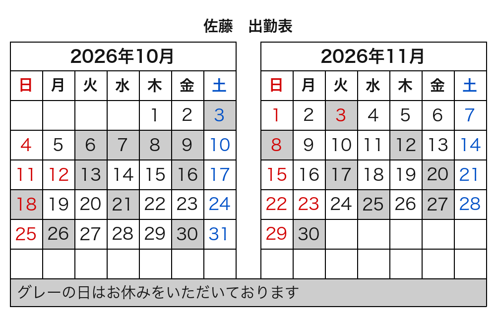 佐藤 出勤表
